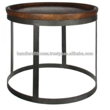 Industrial Metal Round Wooden Top Coffee Table